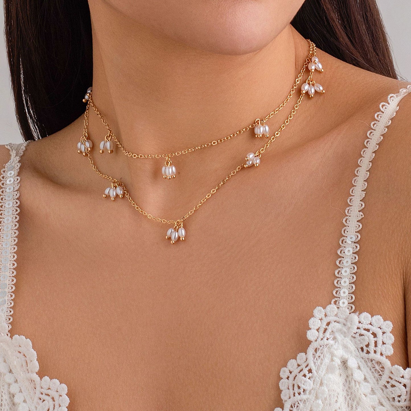 Pearl double necklace fringed stud earrings