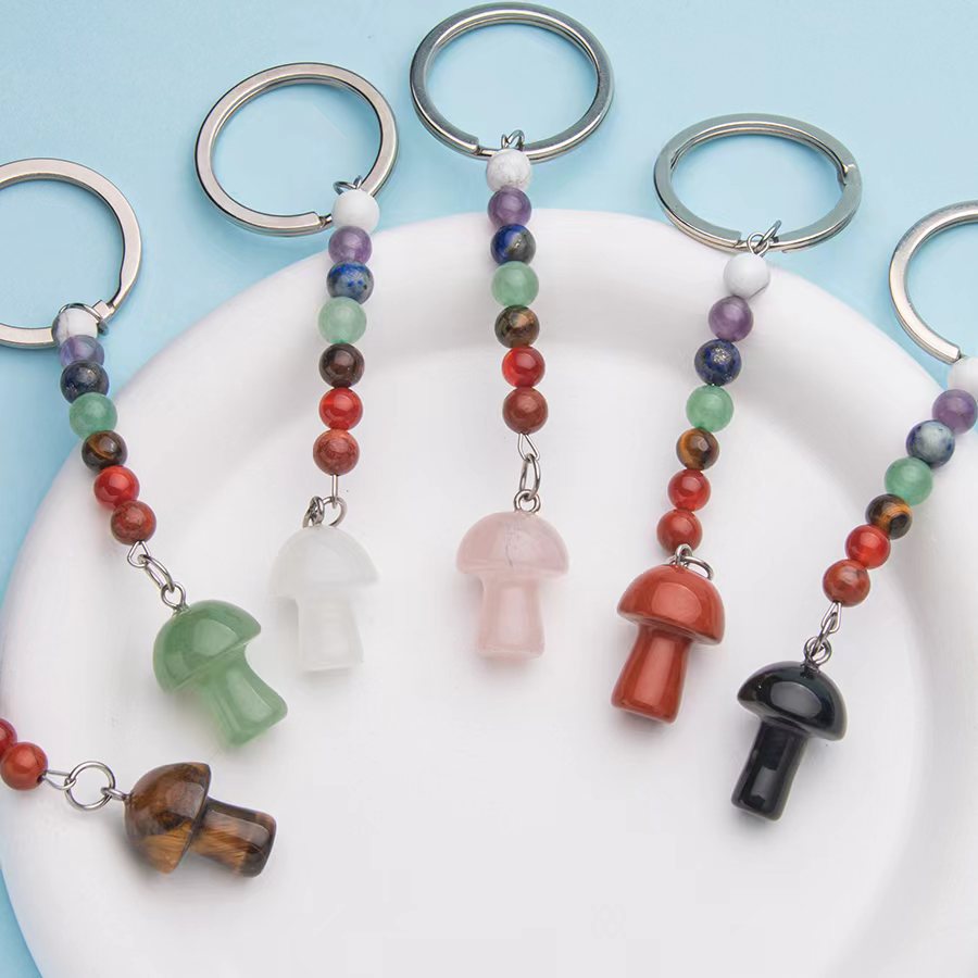 Colorful stone crystal small mushroom pendant stainless steel keychain
