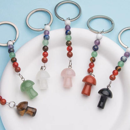 Colorful stone crystal small mushroom pendant stainless steel keychain