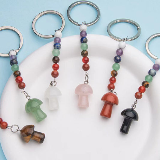 Colorful stone crystal small mushroom pendant stainless steel keychain