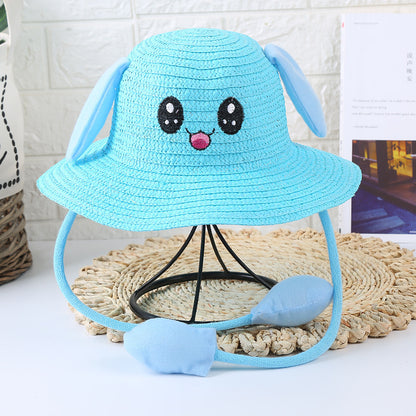 Gorro de paja con orejas de conejo para bebé, protección UV, bonito y divertido 