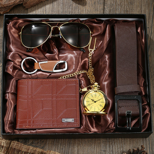 Quartz Pocket Watch Wallet Round Gold 5-piece Set