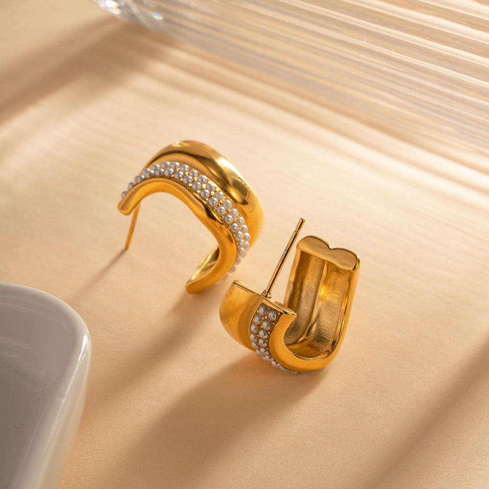 18K pearl inlaid C-shaped versatile earrings