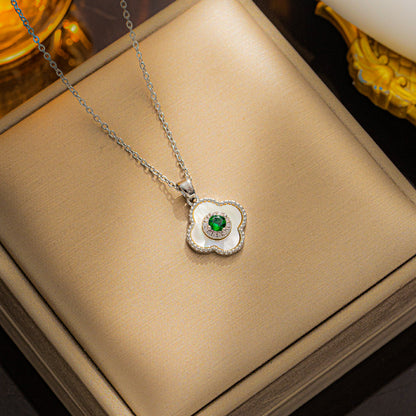 Colar elegante de trevo de quatro folhas, aço titânio com strass completo 