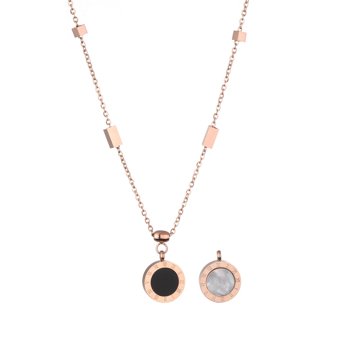 Rose Gold Titanium-Steel Double-Sided Shell Necklace with Roman Letter Pendant