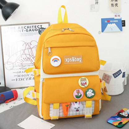 4-piece student school bag canvas contrast color backpack