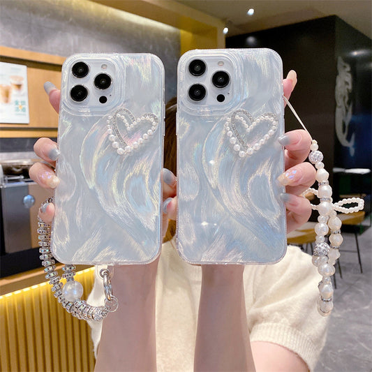 Silver Feather Case iPhone16 Pro 13 12 Diamond Pearl Heart Laser Hard Cover