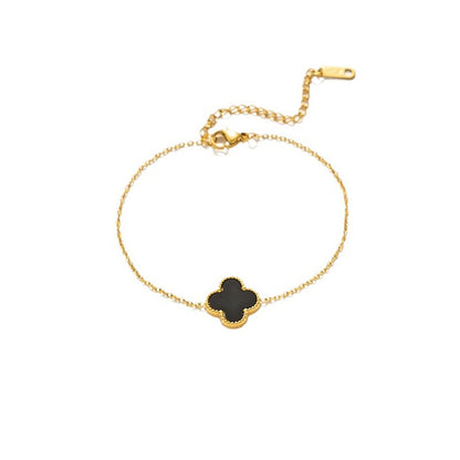 Pulseira feminina em aço titânio - trevo preto e branco, corrente em ouro rosa 