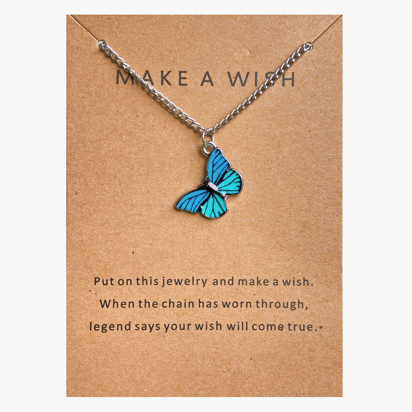 Collar de aleación con forma de mariposa y tarjeta de papel con letras antiguas 