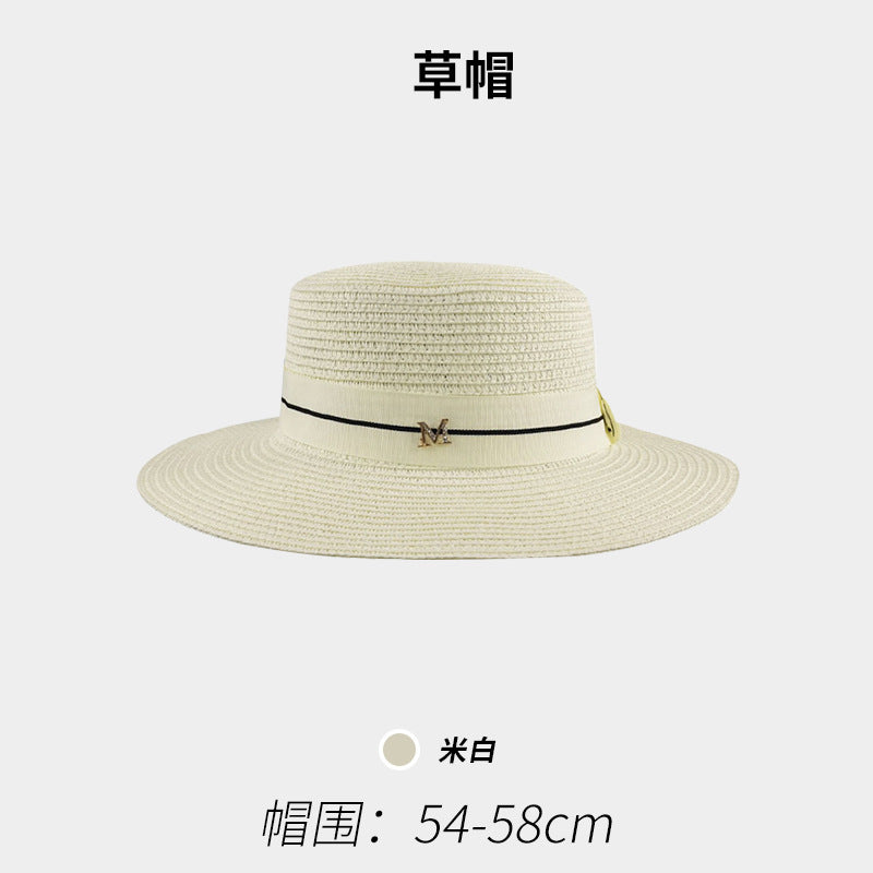 Flat-Top Straw Hat French-Style Summer Wide-Brim Sun Hat