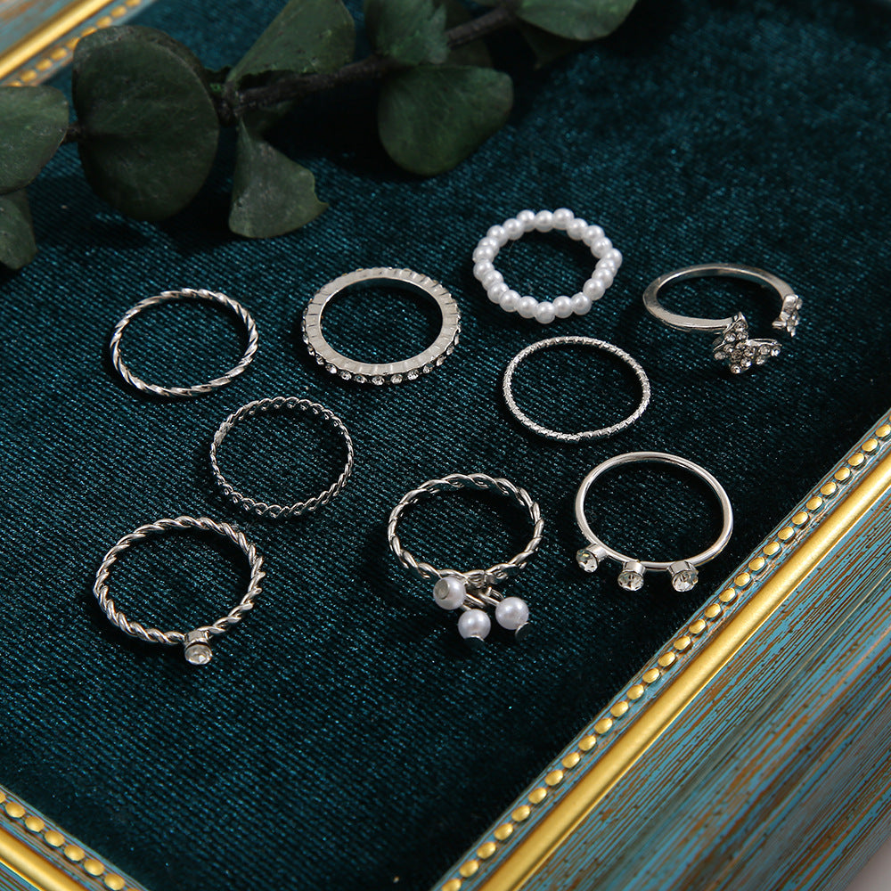 Butterfly & Pearl Ring Set (9-piece)