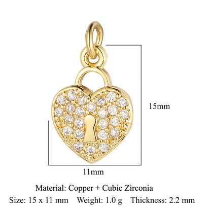 Colgante de cobre y circonita con forma de llave y candado en forma de corazón de melocotón 