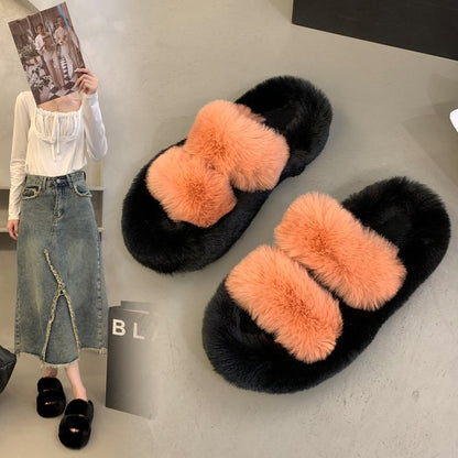Real rabbit fur flat-bottomed slippers fashion