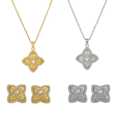 Chic Clover Zircon Flower Necklace Set