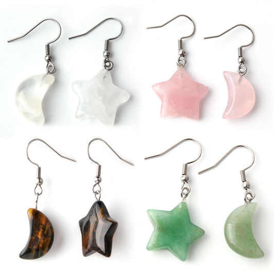Brincos de quartzo rosa estrela lua cristal 