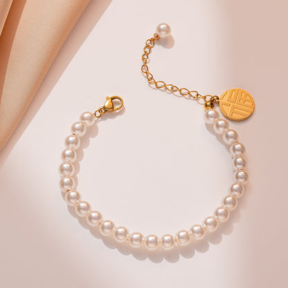 Pearl Bracelet for Women with Lucky Charm and 18k Gold Beads