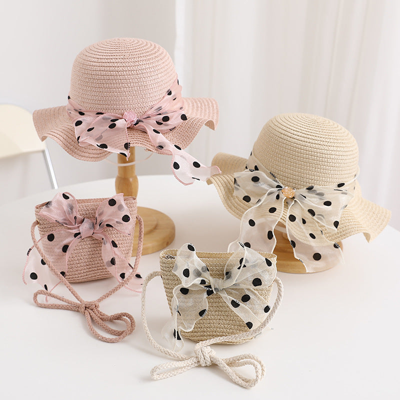 Girls' Polka Dot Bow Kids Bag Straw Beach Sun Hat