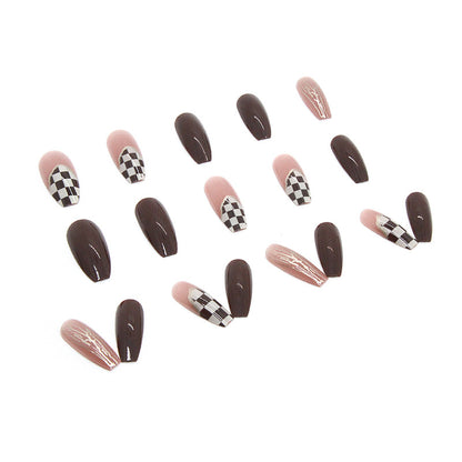 Chocolate Gold Foil Checkered Ballet Nails