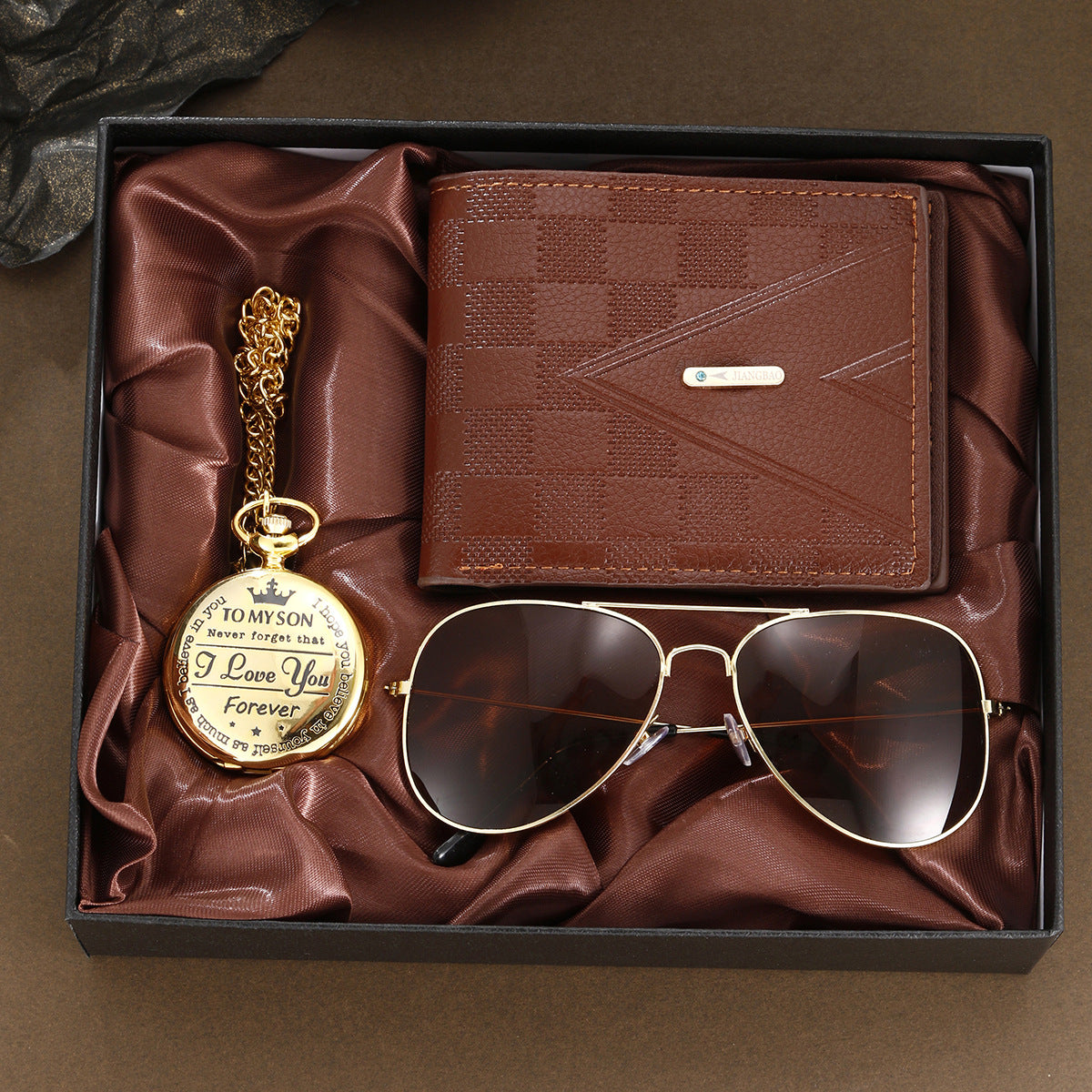 Gold pocket watch round wallet sunglasses 3-piece set