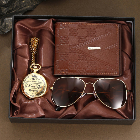 Gold pocket watch round wallet sunglasses 3-piece set