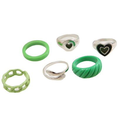 Green Heart Ring Set 6 Pieces