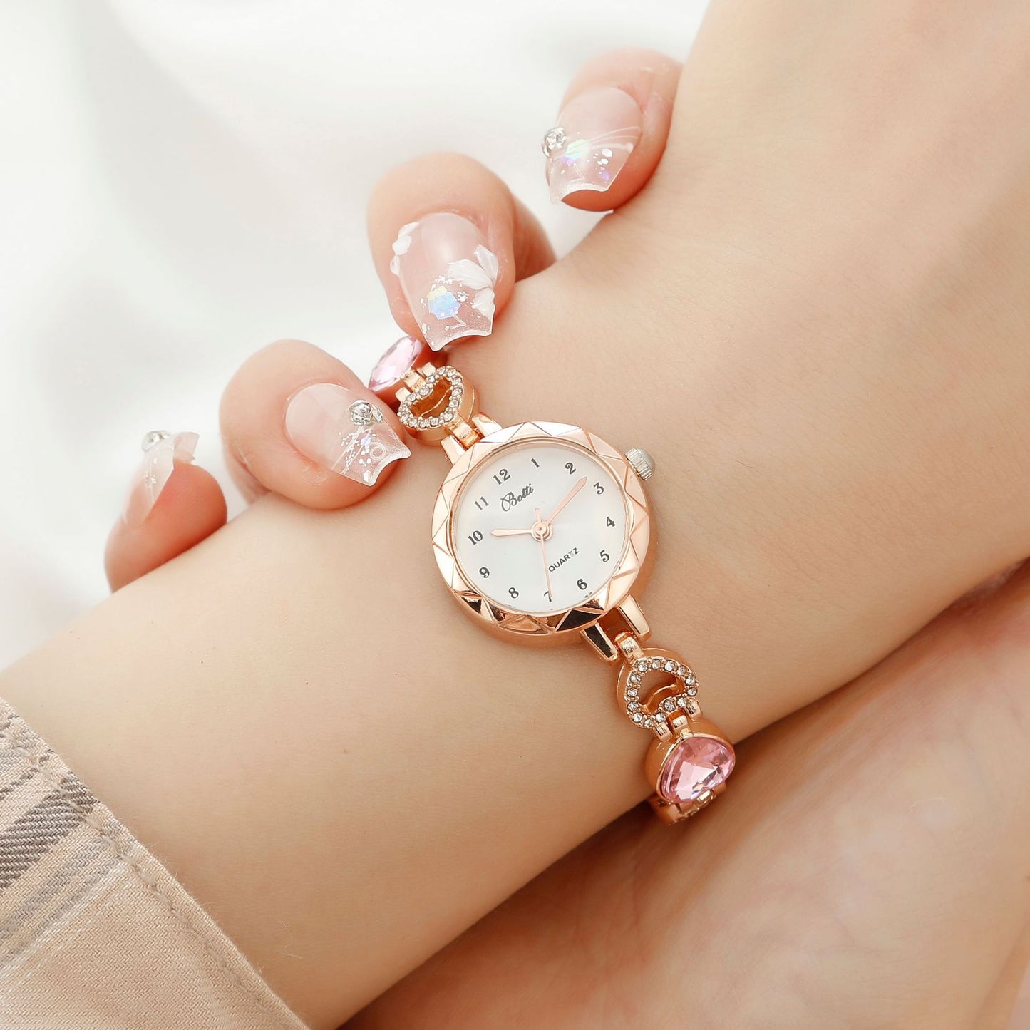 Quartz bracelet watch pink peach heart jewelry set