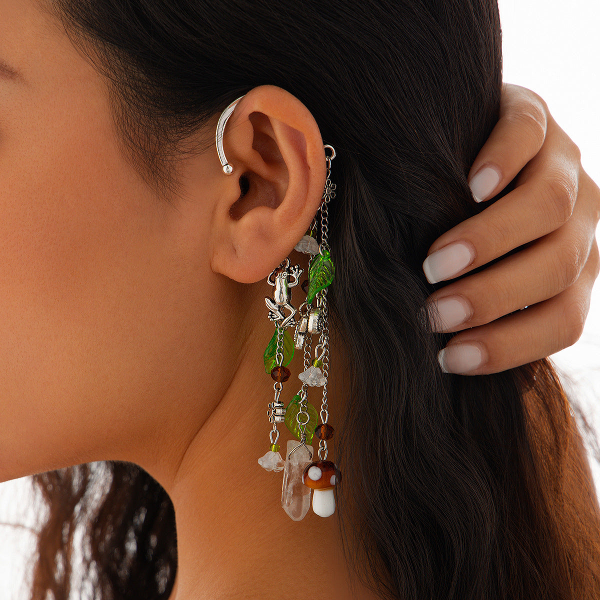 Alloy holeless tassel long earrings