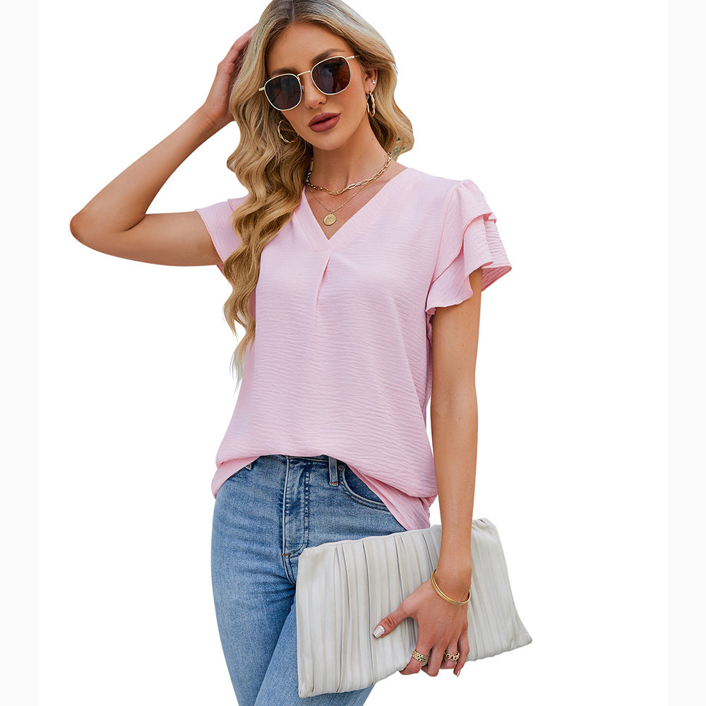 V-neck chiffon ruffle shirt short sleeve
