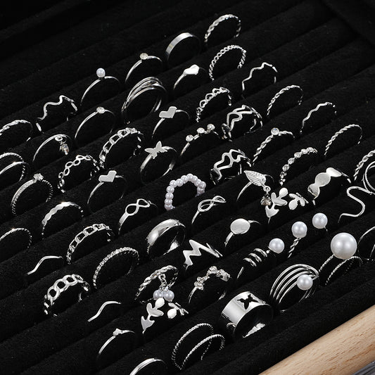 Silver Leaf Heart Pearl Ring Set