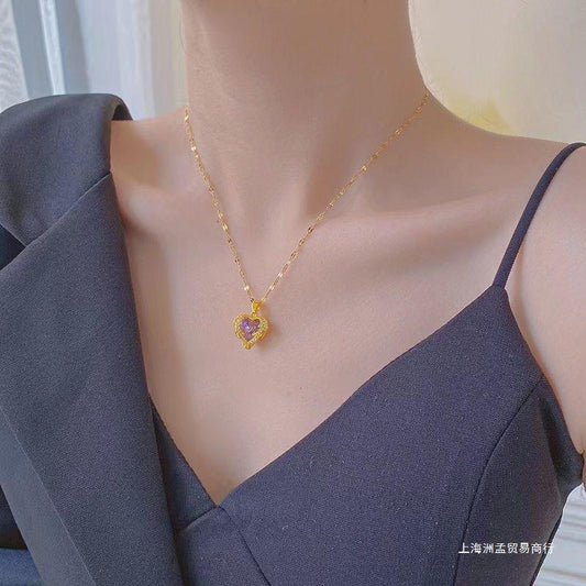 Titanium Steel Peach-Heart Colored Crystal Love Necklace