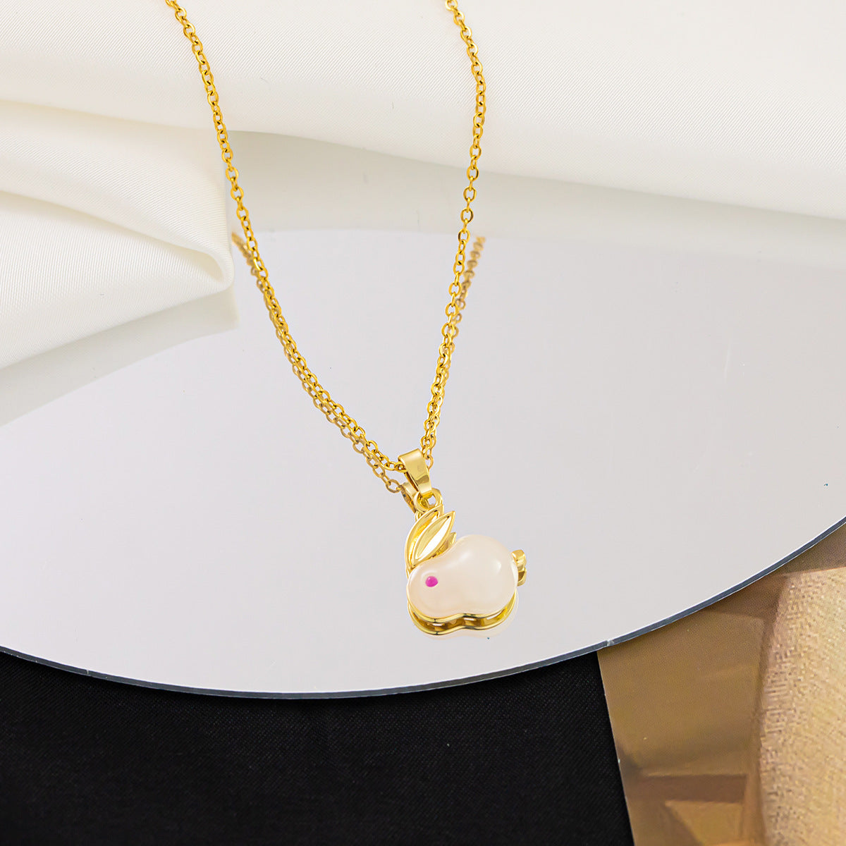 Women's Non-Fading Titanium-Steel Clavicle Necklace with Imitation Hetian Jade Rabbit Charm