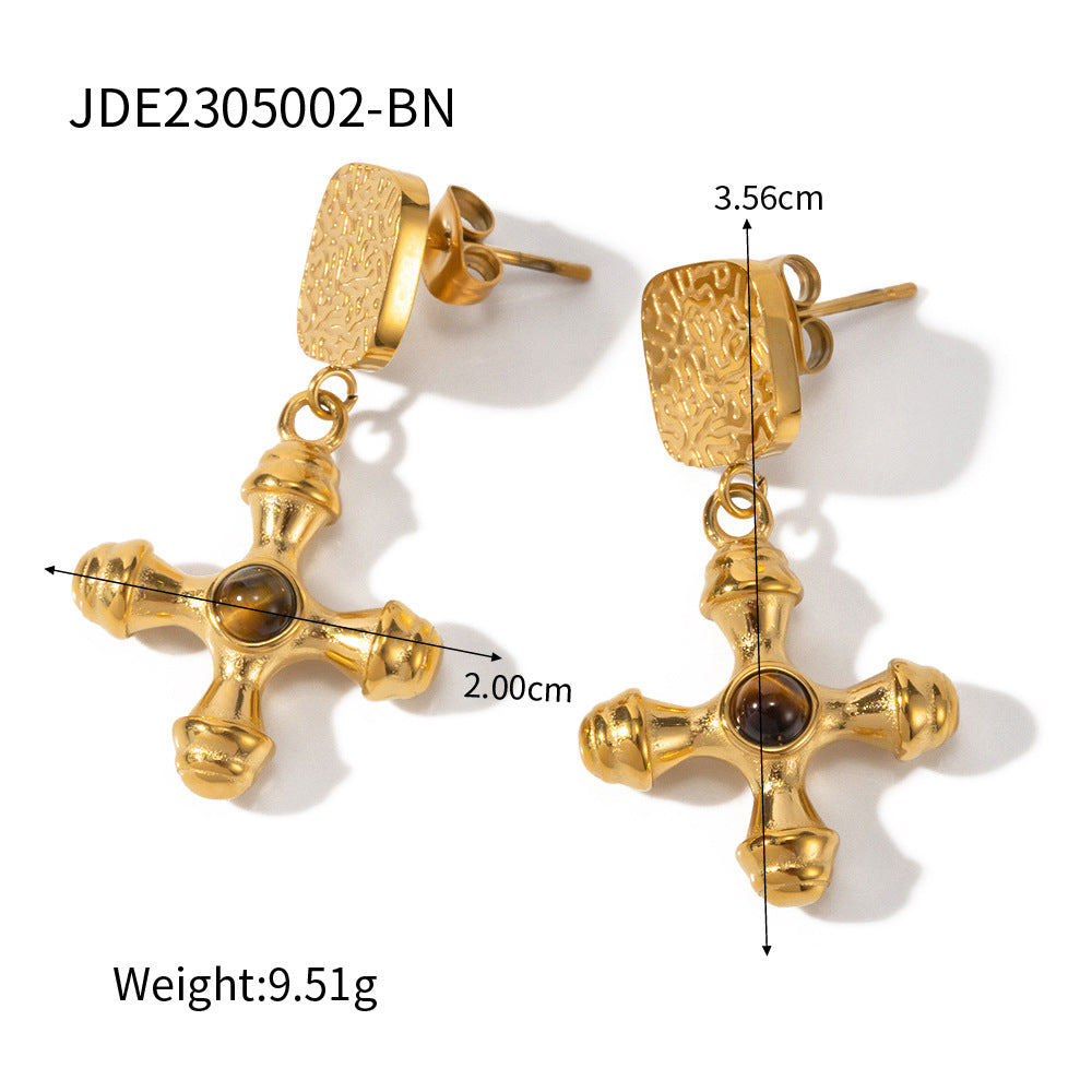 Tiger Eye Cross Pendant Earrings