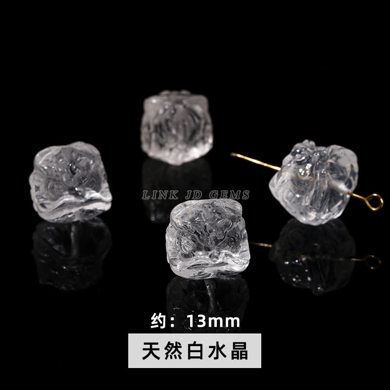 Cuentas sueltas con grabado de cabeza de león de obsidiana plateada y cristal 