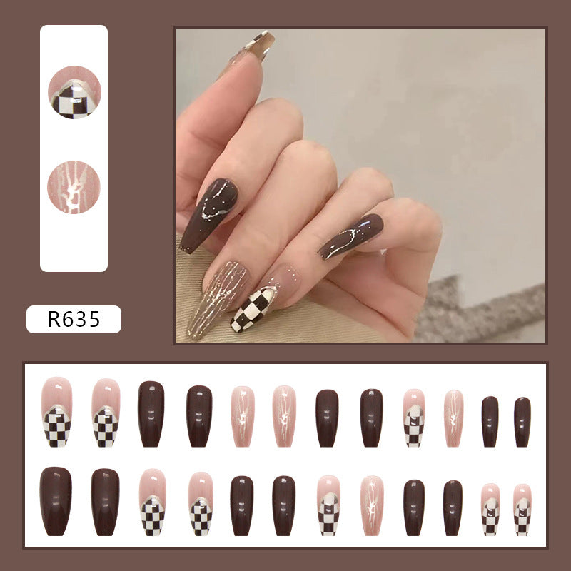 Chocolate Gold Foil Checkered Ballet Nails