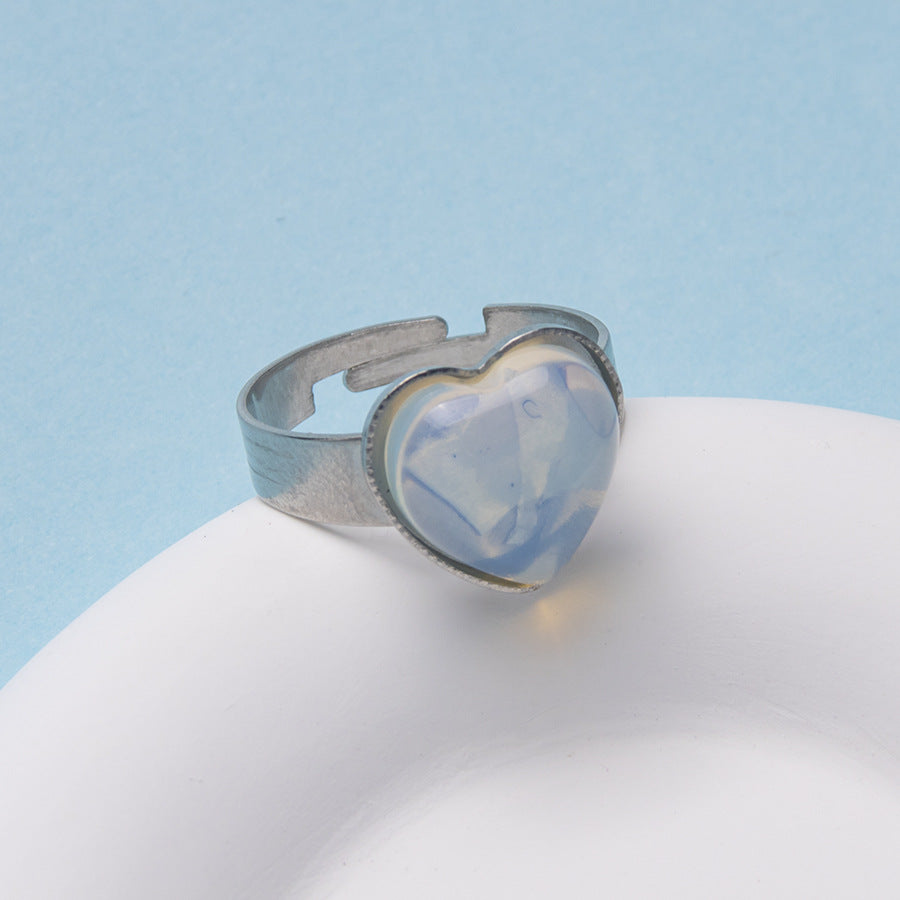 Anel de aço inoxidável ajustável de pedra natural em forma de coração 