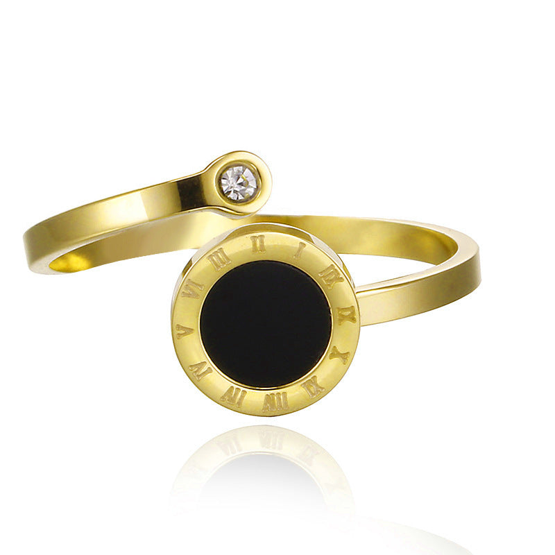 Women's Black Titanium Steel Round Ring — K-Gold Plated