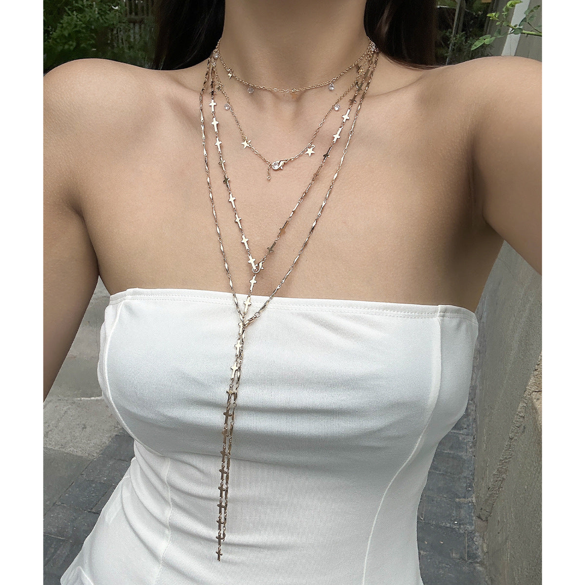 Fashion crystal y-shaped copper chain necklace