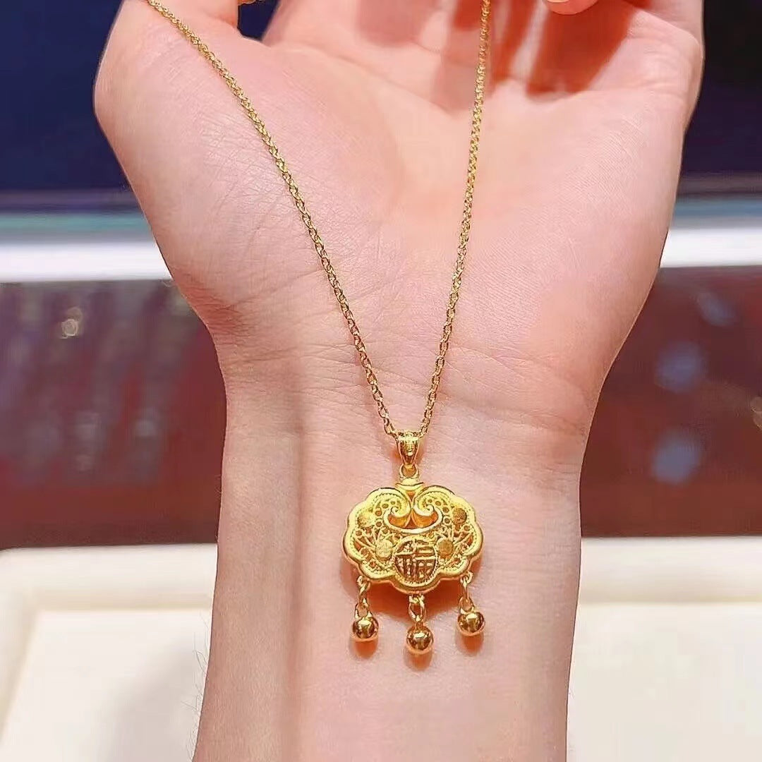 Women's "Fu Zi Ping An" Hollow Imitation-Gold Lock Necklace