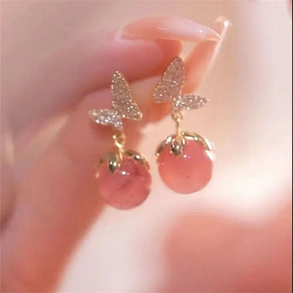 Butterfly Love Flower Pink Opal Earrings