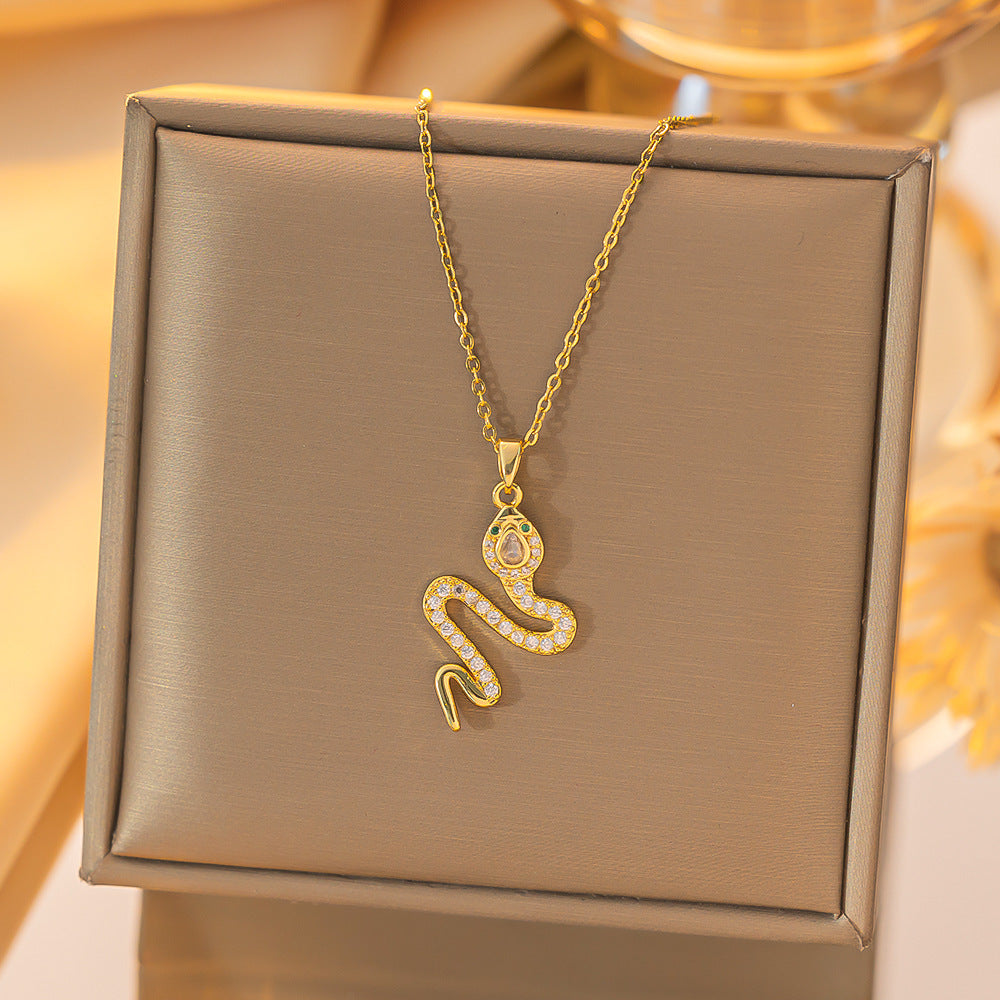 Women's Gold-Plated Snake Pendant Necklace with Colored Zircons