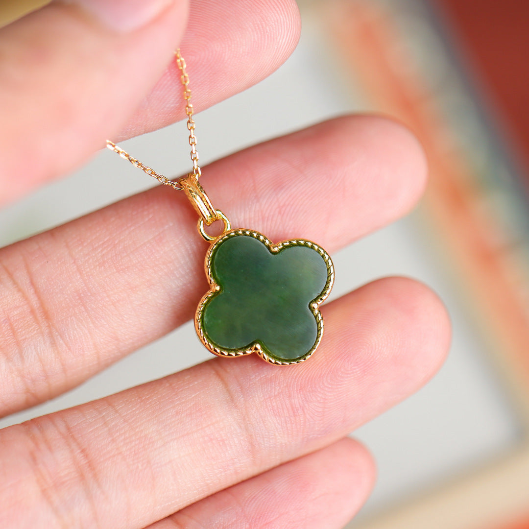 Women's Four-Leaf Clover Hetian-Style Jade Pendant Necklace