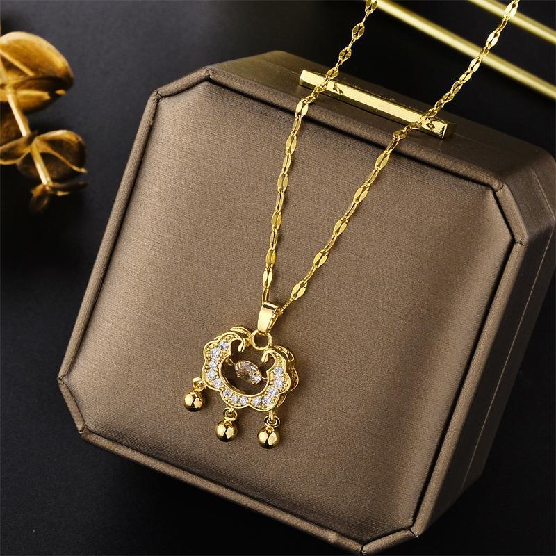 Gold-Plated Titanium Steel Collarbone Necklace with Bell Talisman and Smart Lock