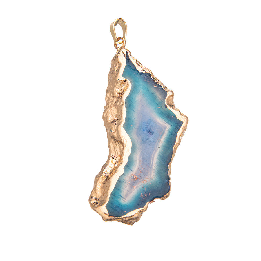 Crystal agate geode electroplated gold edge pendant