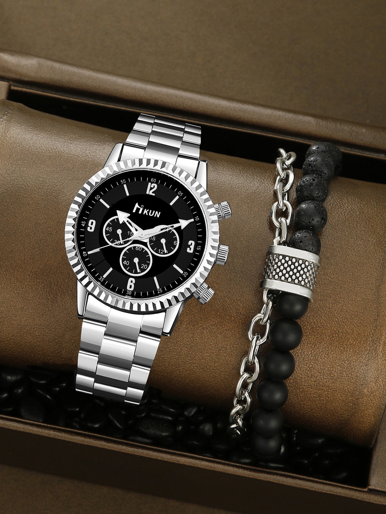 Personalized steel belt watch beaded bracelet set