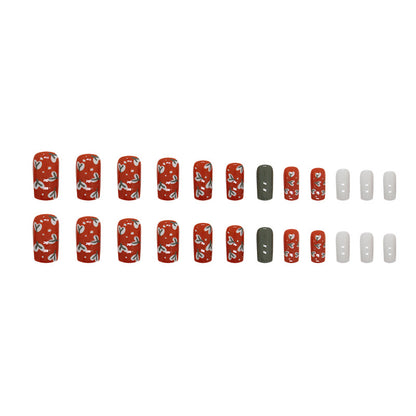 Vintage Brick Red Cream Floral Fake Nails