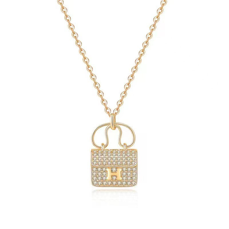 H Letter Bag Pendant Necklace, Titanium Steel, Full Rhinestones