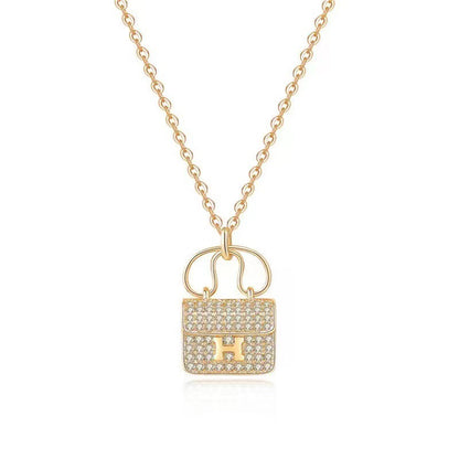H Letter Bag Pendant Necklace, Titanium Steel, Full Rhinestones