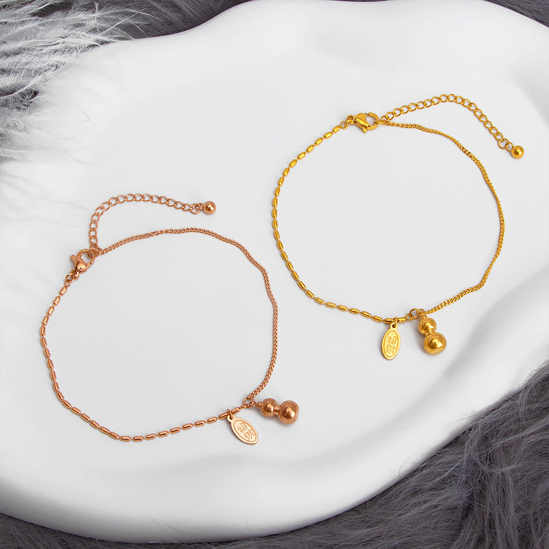 Women's Titanium Steel Lucky Coin & Gourd Anklet (Non-Fading)