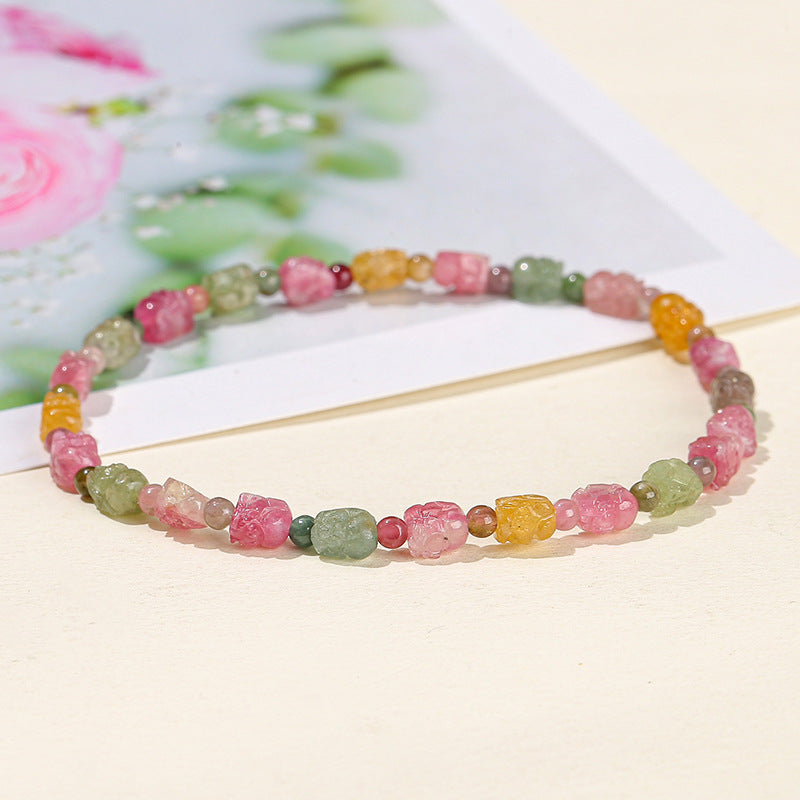 7A Natural Watermelon Tourmaline Pixiu Bracelet