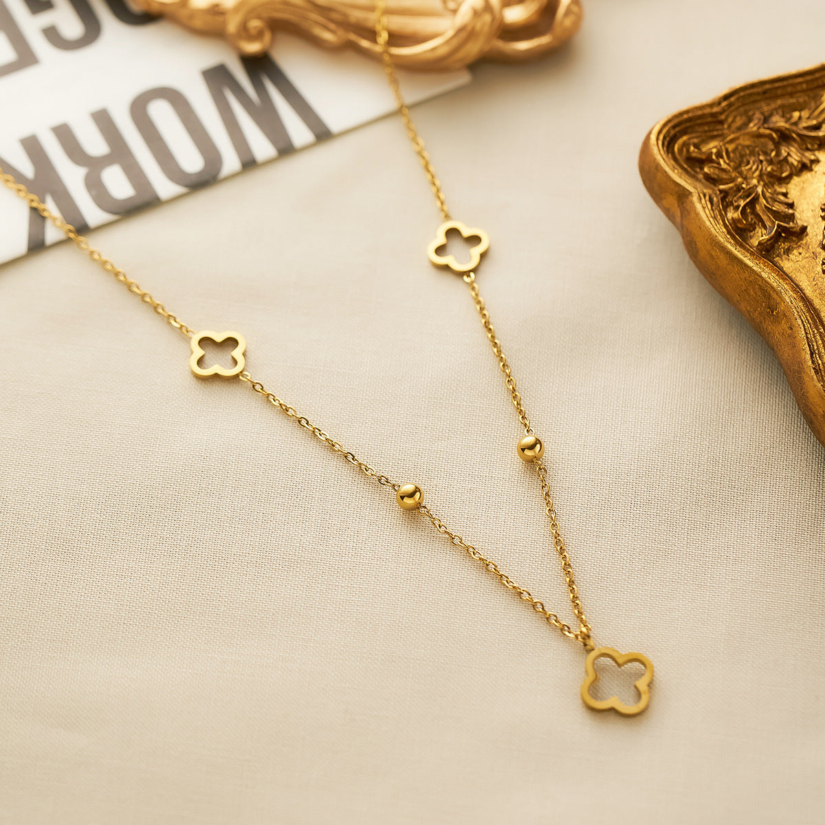 18K Gold-Plated Titanium Steel Four-Leaf Clover Necklace & Bracelet Set